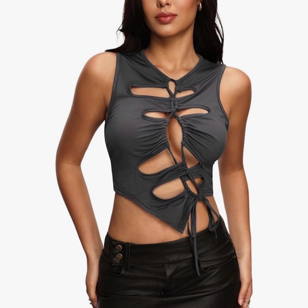 NWOT Grey Cut Out Lace Up Crop Top